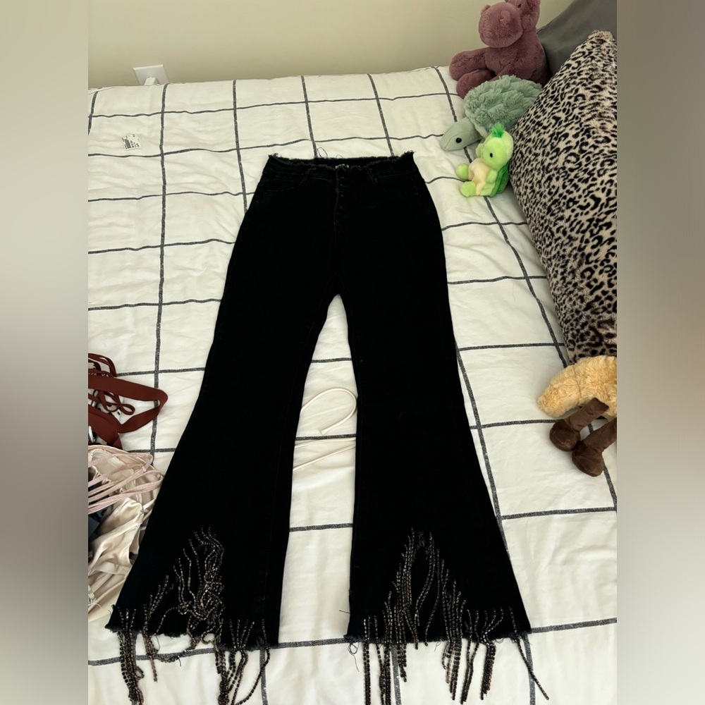 blue b black rhinestone flares